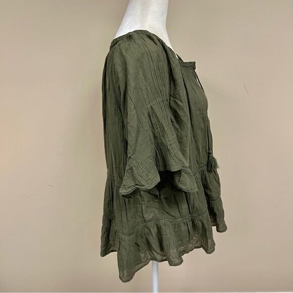 J jill olive green boho flare sleeve cotton top. Size M/L - Picture 6 of 9